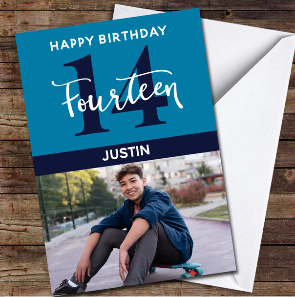 14th Fourteen Photo Blue Any Age Personalized Birthday Card