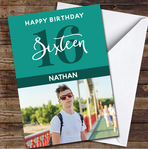 16th Sixteen Photo Green Any Age Personalized Birthday Card