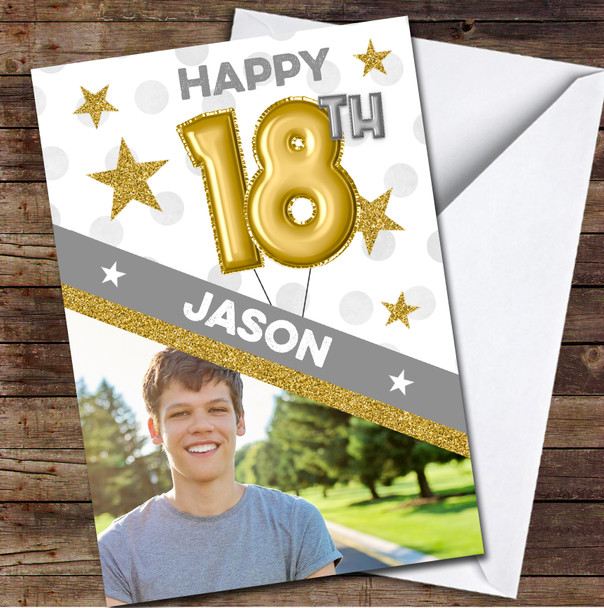18th Balloons Gold Stars Glitter Photo Any Age Personalized Birthday Card