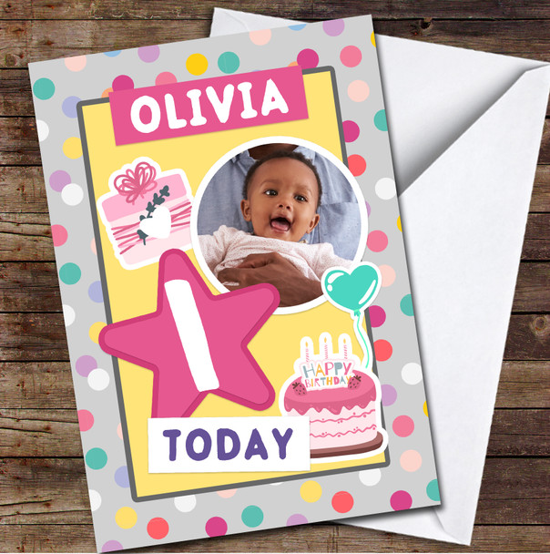 1st Girl Polka Dot Pattern Photo Any Age Personalized Birthday Card