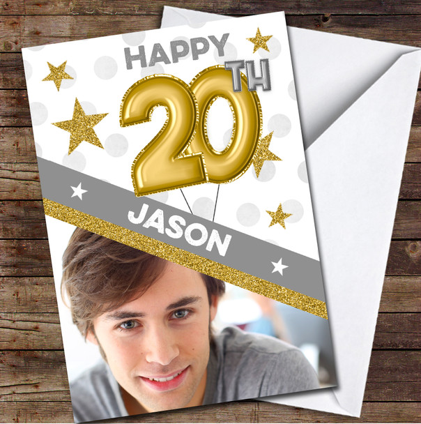 20th Balloons Gold Sparkle Photo Any Age Personalized Birthday Card