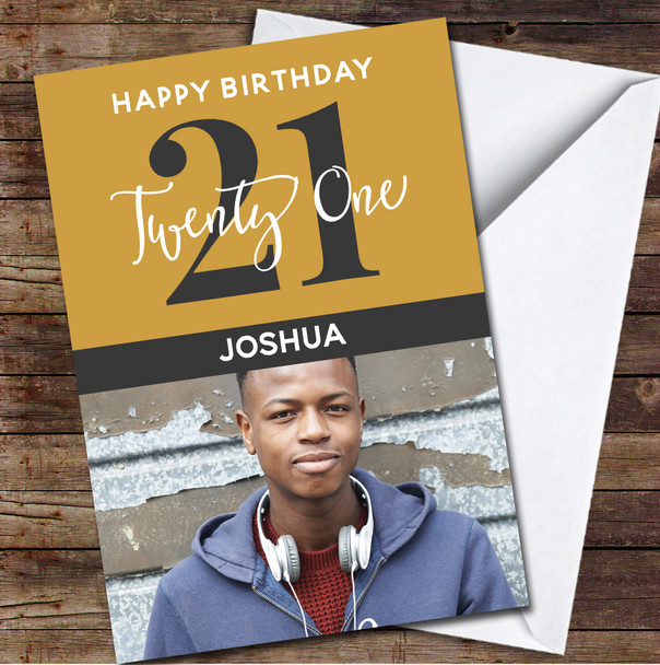 21st Twenty One Photo Yellow Grey Any Age Personalized Birthday Card