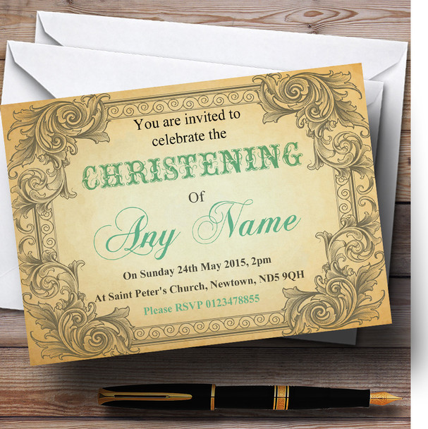 Typography Vintage Turquoise Postcard Christening Party Personalized Invitations
