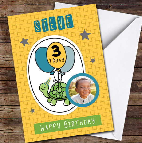 3rd Boy Turtle Photo Animal Balloon Yellow Stars Any Age Birthday Card