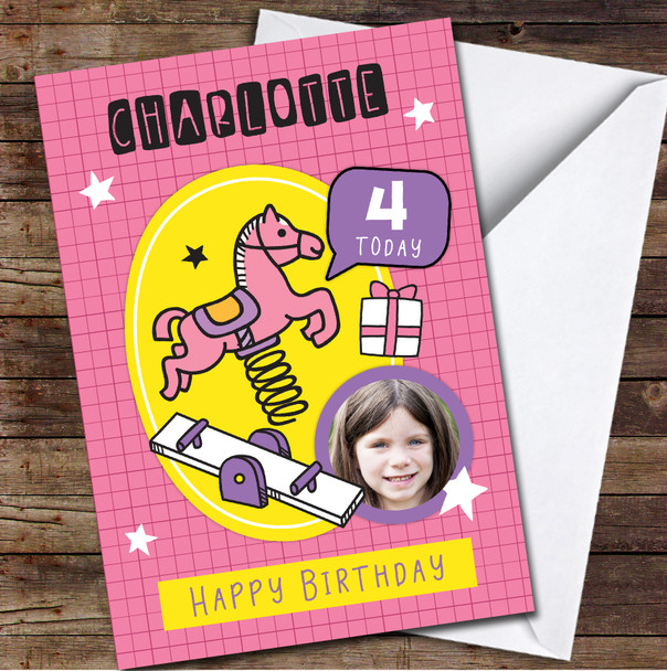 4th Girl Play Horse Park Photo Pink Purple Any Age Personalized Birthday Card