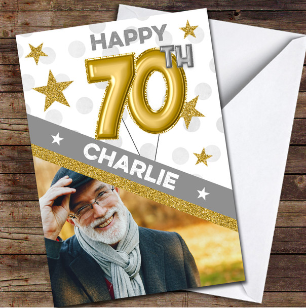 70th Balloons Gold Male Photo Any Age Personalized Birthday Card