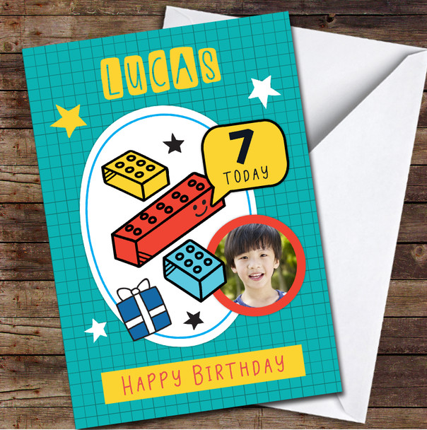 7th Boy Toy Building Blocks Photo Green Gift Stars Any Age Birthday Card