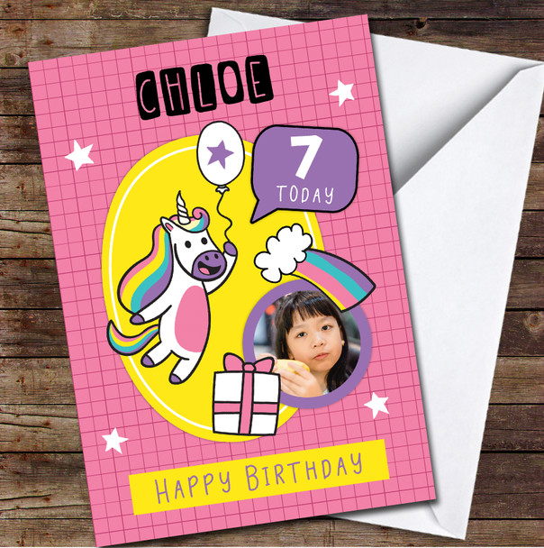 7th Girl Unicorn Photo Rainbow Cute Pink Yellow Any Age Birthday Card