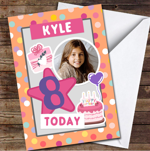 8th Girl Polka Dot Pattern Photo Any Age Personalized Birthday Card