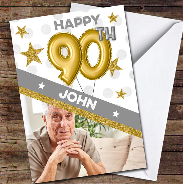 90th Balloons Gold Male Photo Any Age Personalized Birthday Card
