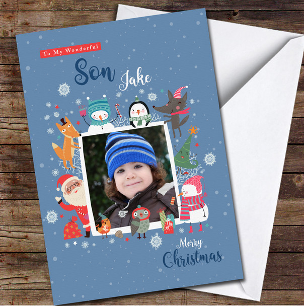 Son Cute Characters Photo Frame Any Text Personalized Christmas Card