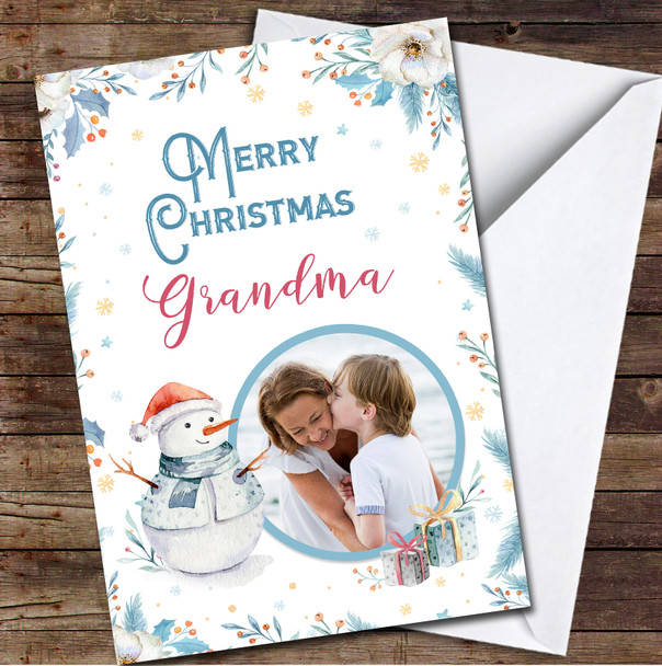 Grandma Snowman Floral Blue Photo Any Text Personalized Christmas Card