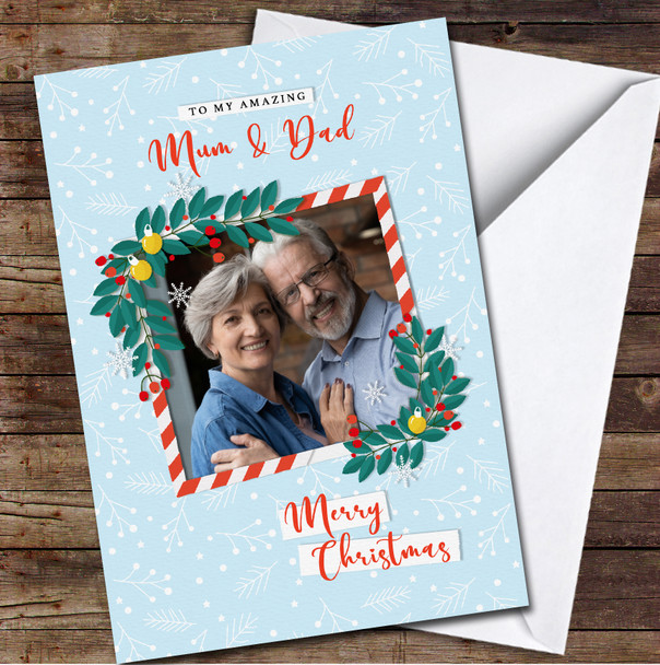 Mum & Dad Floral Photo Frame Any Text Personalized Christmas Card