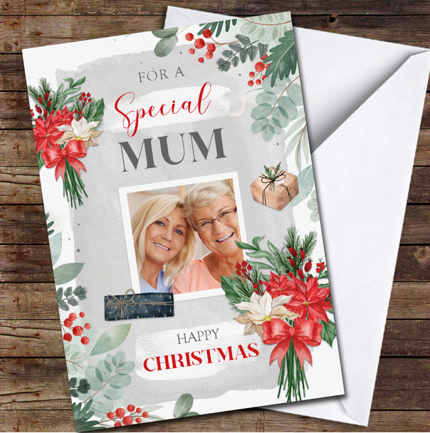 Mum Flowers Red Grey Gifts Photo Any Text Personalized Christmas Card