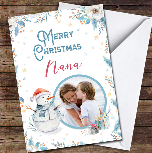 Nana Snowman Floral Blue Photo Any Text Personalized Christmas Card