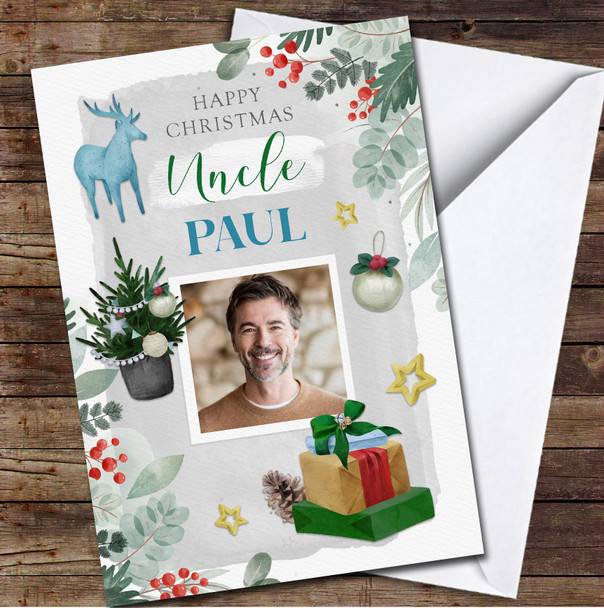 Uncle Photo Gift Tree Any Text Personalized Christmas Card