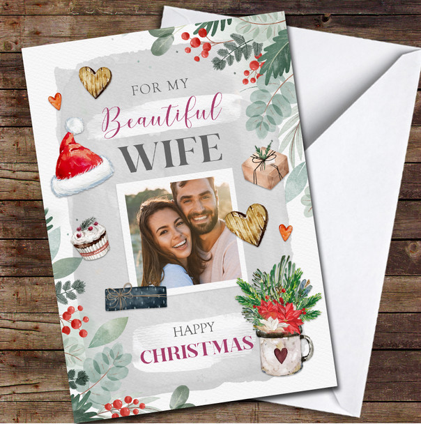 Wife Grey Romantic Hearts Love Photo Any Text Personalized Christmas Card
