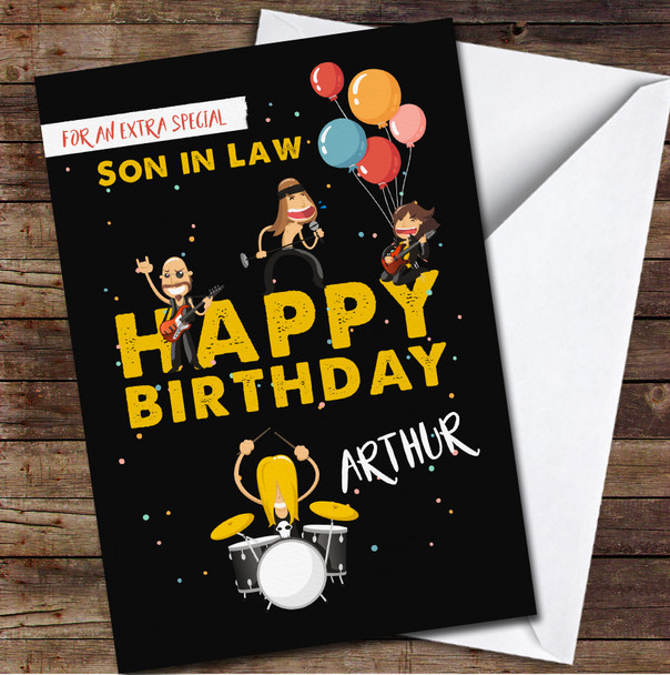 Black Background Son In Law Rock Band With Balloons Any Text Birthday Card