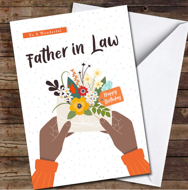 Father In Law Dark Skin Hands Holding Envelope With Flowers Birthday Card