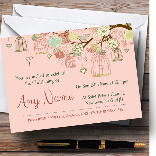 Vintage Shabby Chic Birdcage Coral Christening Party Personalized Invitations