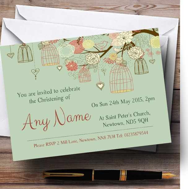 Vintage Shabby Chic Birdcage Green Christening Party Personalized Invitations