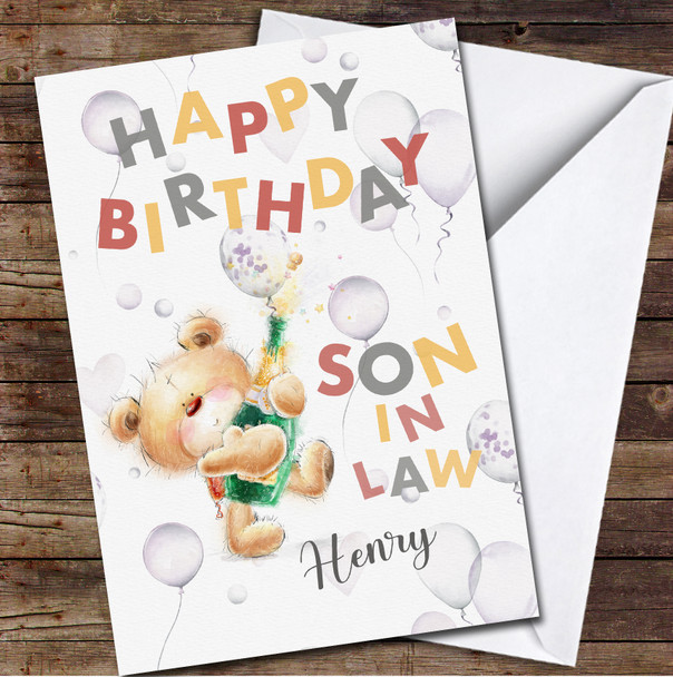 Son In Law Cute Teddy Bear Holding Champagne Any Text Personalized Birthday Card