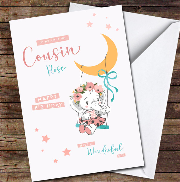 Cousin Cute Elephant On A Swing Any Text Personalized Birthday Card