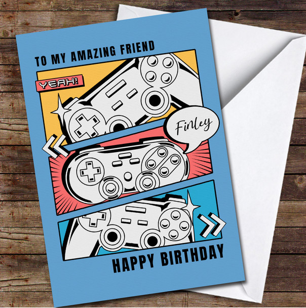 Friend Comic Style Game Controllers Any Text Personalized Birthday Card