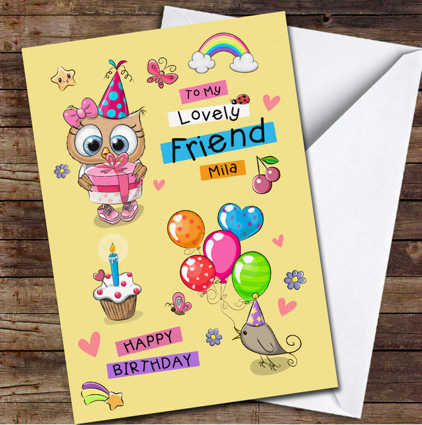 Friend Cute Owl And Bird With Balloons Any Text Personalized Birthday Card