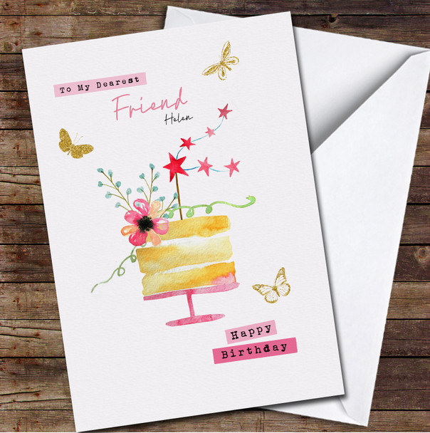 Friend Watercolor Cake With Pink Stars And Flower Any Text Birthday Card