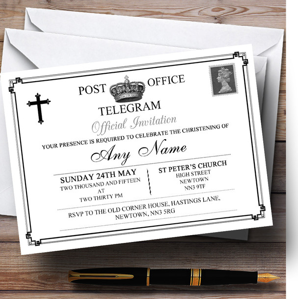 Vintage Telegram Elegant White Christening Party Personalized Invitations