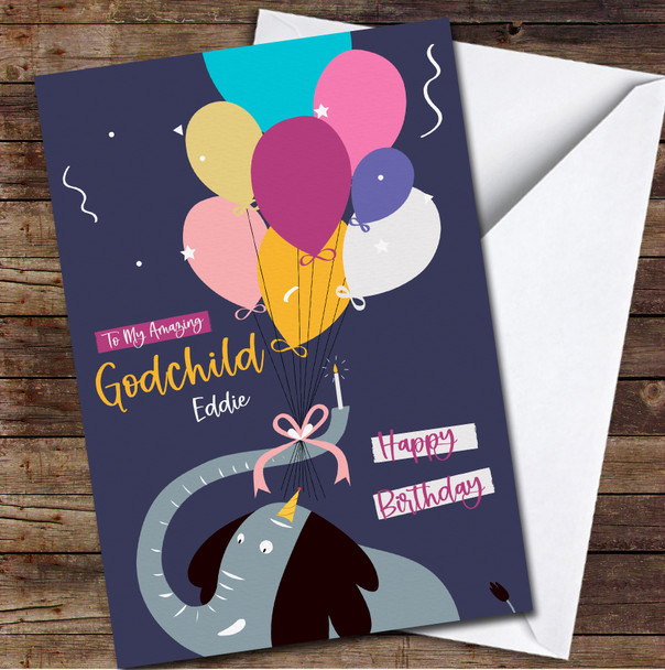 Godson Funny Elephant With Balloons Any Text Personalized Birthday Card