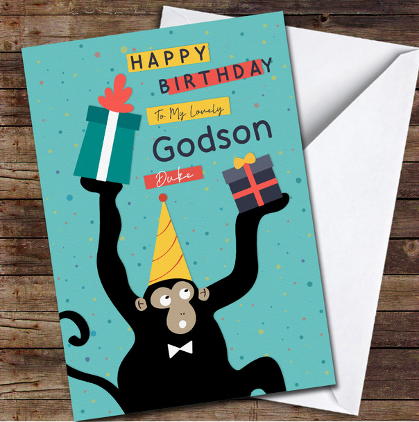 Godson Funny Monkey Holding Presents Any Text Personalized Birthday Card