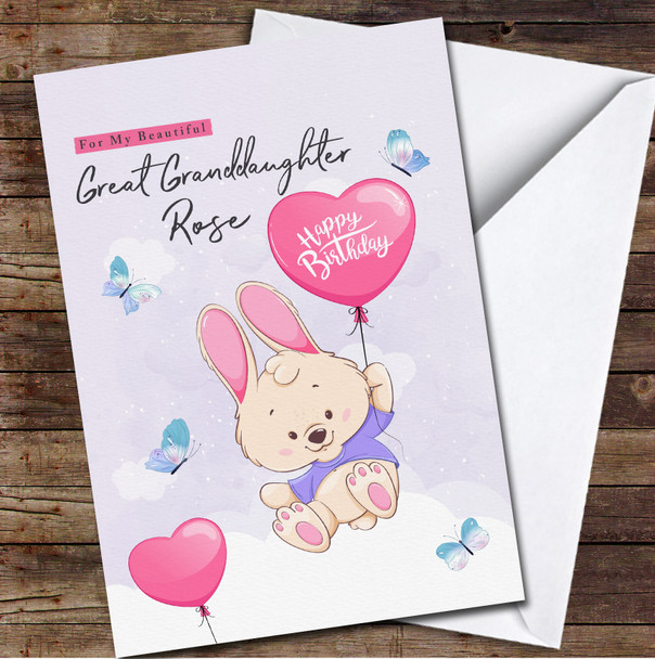 Great Granddaughter Cute Flying Bunny With Heart Balloon Any Text Birthday Card