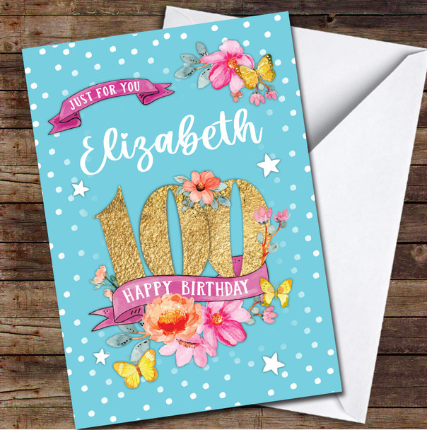 100th Female Flowers Butterfly Turquoise Any Age Personalized Birthday Card