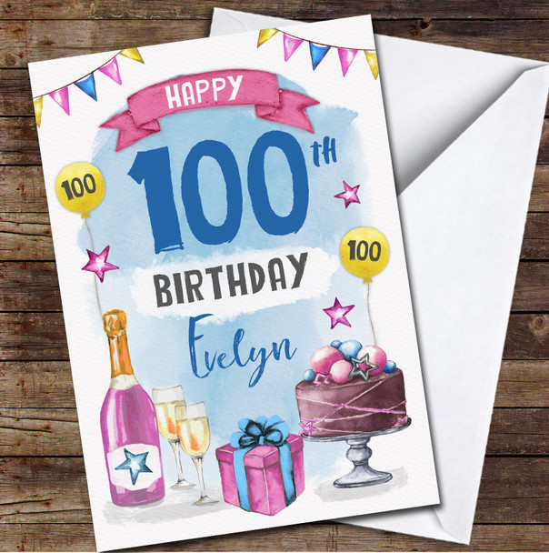 100th Girl Female Champagne Cake Celebration Party Any Age Birthday Card