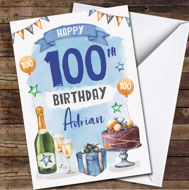 100th Male Champagne Celebrate Cake Gift Any Age Personalized Birthday Card