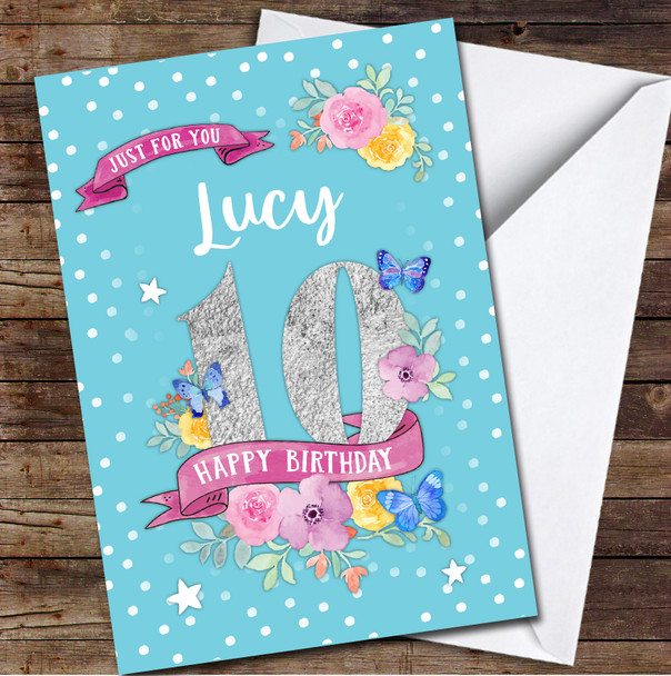 10th Girl Female Flowers Butterfly Turquoise Any Age Personalized Birthday Card