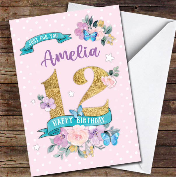 12th Girl Female Flowers Butterfly Pink Any Age Personalized Birthday Card