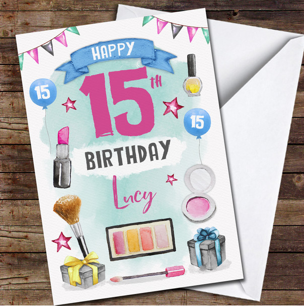 15th Girl Pink Blue Make Up Beauty Any Age Personalized Birthday Card