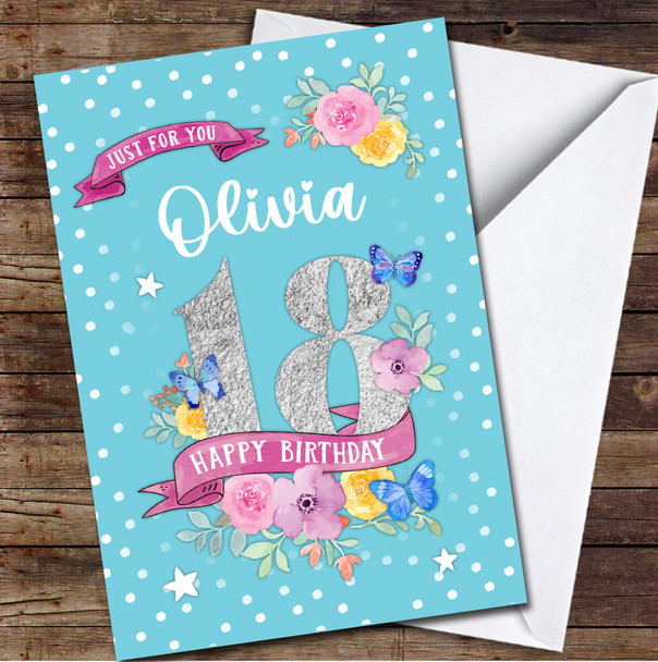 18th Girl Female Flowers Butterfly Turquoise Any Age Personalized Birthday Card