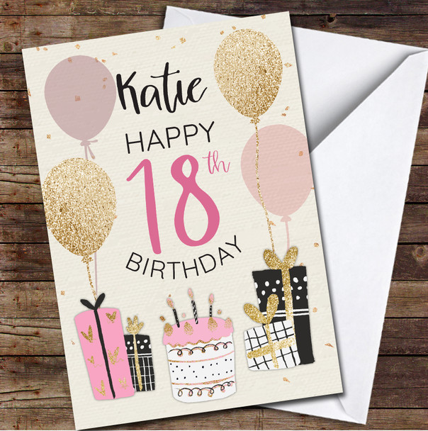 18th Girl Pink Pretty Sparkle Glitter Gold Cake Any Age Birthday Card