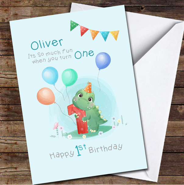 1st Baby Boy Cute Little Dinosaur With Number One Any Age Birthday Card