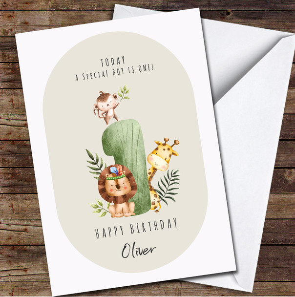 1st Baby Boy Watercolor Safari Animals With Number One Any Age Birthday Card