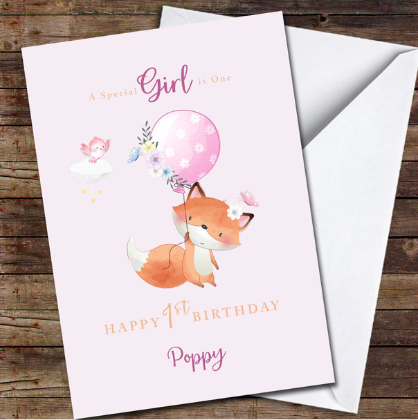 1st Baby Girl Cute Fox Flying With Balloon Any Age Personalized Birthday Card
