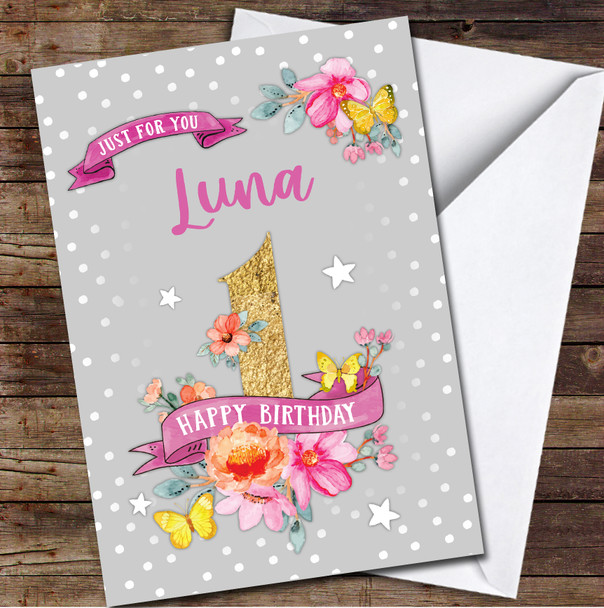 1st Girl Female Flowers Butterfly Grey Pink Any Age Personalized Birthday Card