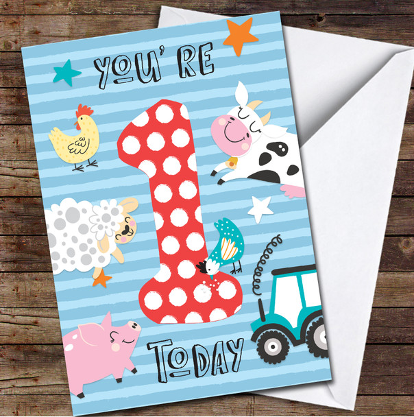 1st You're 1 Today Boy Farm 1st First Any Age Personalized Birthday Card
