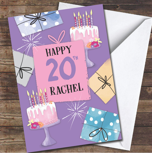 20th Cake Gift Bright Modern Purple Pink Presents Any Age Birthday Card