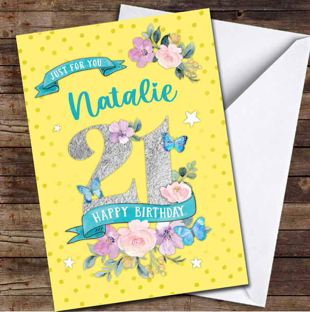 21st Female Flowers Butterfly Yellow Any Age Personalized Birthday Card