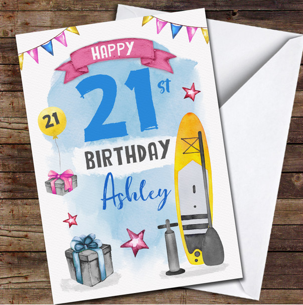 21st Gifts Balloons Paddle Board Water sports Any Age Personalized Birthday Card